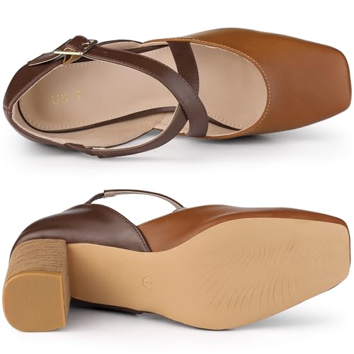Allegra K Women's Brown Dress Shoes Mary Janes Square Toe Chunky Heels Shoes 10 M US