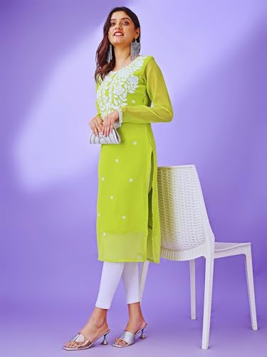 Image of HESVI Women's Georgette White Lakhnavi Chikankari Kurti with Intricate Embroidery Work