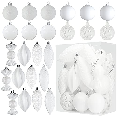 Prextex Christmas Ball Ornaments for Christmas Decorations (White) - 24 pcs Xmas Tree Shatterproof Ornaments with Hanging Loop for Holiday, Wreath and Party Decorations - White Christmas Ornaments