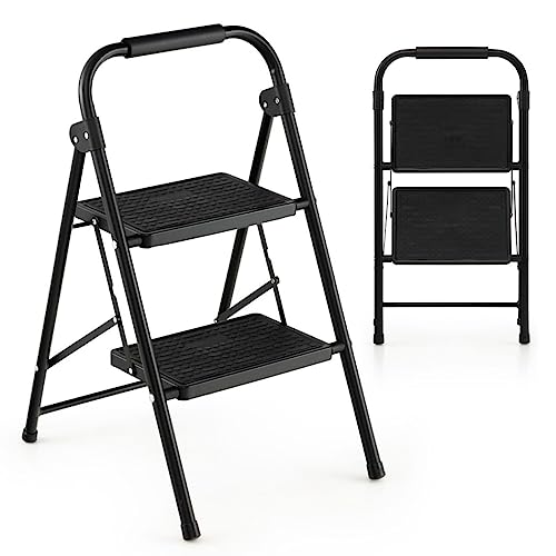 TANGZON Folding Step Ladder, Portable Steel Step Stool with Widen Anti-Slip Pedals, Safety Lock & Handrail,Safety Ladder Tread Stepladder for Household Garage Shop (2 Step,Black,No Tool Tray)