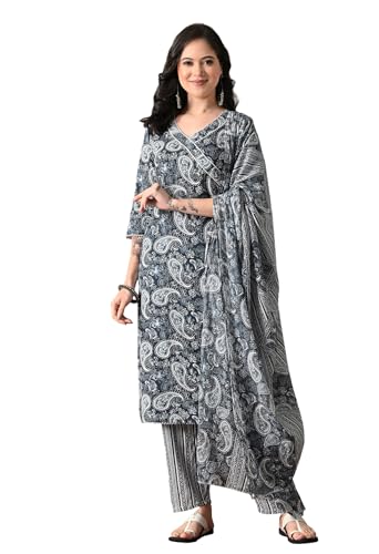 Image of Amazon Brand - Tavasya Women Cotton Anarkali Kurta Pant Dupatta Set | Printed Ethnic Suit Set | Flared Anarkali Kurta with Pant & Dupatta | Festive & Casual Wear