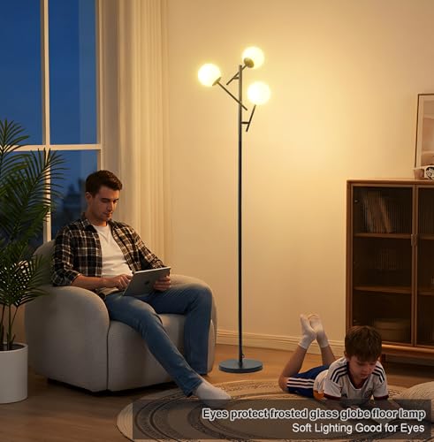 Image of Fiqevs 3 Globe Floor Lamp for Living Room, Swing Arms Standing Tree Lamp | 3000K Warm White Light, 3 LED Bulbs Included, Adjustable Orb Glass Shade Mid Modern Lamp for Bedroom /Office, Matt Black
