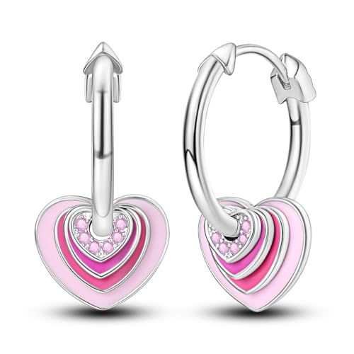 NARMO Pendientes femeninas Hoop pendientes rosados en forma de corazón pendientes colgantes 925 pendientes de plata esterlina Hoop
