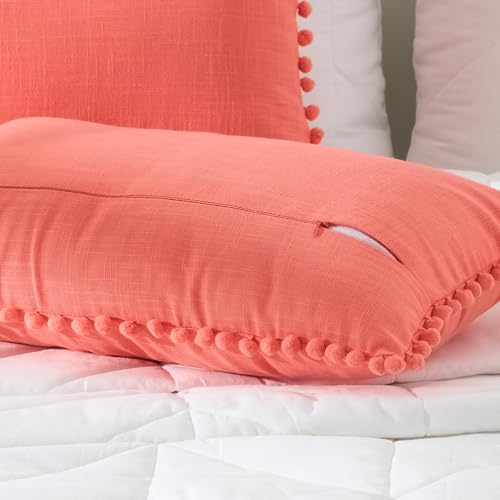 Image of 100% Cotton Pom Pom Cushion Without Filler, Elegant & Modern Cushion Cover for Living Room, Rectangle, 12 inchx20 inch, uni slub, Set of 3 - Coral