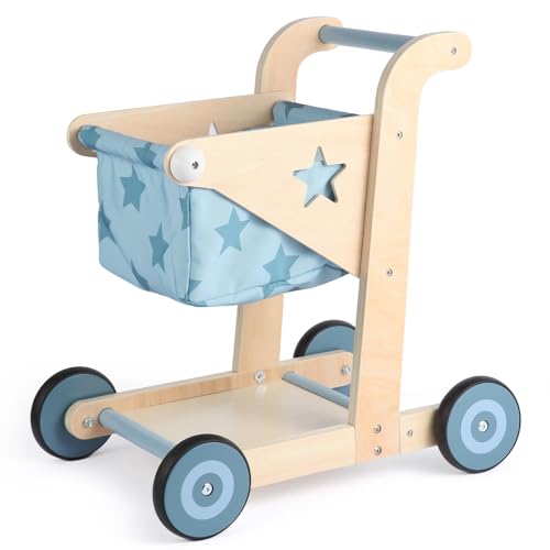 Asweets 2 in 1 Wooden Baby Walker Push and Pull Doll Stroller, Shopping Cart Learning Walker for Boys and Girls, Sit Stand Learning Toddler Toy (Blue)