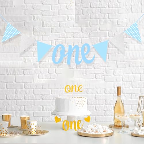 Image of Rozi Decoration Pastel Blue One Bunting Banner for 1st Birthday Decoration Items, Baby Boy 1st Month Birthday, 15x30cm Rectangular Cardboard Wall Mount Banner