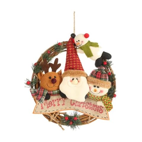 JISON21 Christmas Wreath Decoration Christmas Rattan Garlands Pendant Christmas Wreath with Moose Snowman Doll, Christmas Garland for Wall Door Window Hallway Christmas Tree Decorations Cover