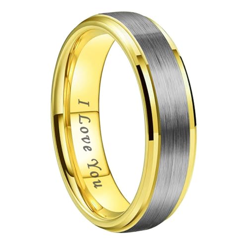 TUTISS 6mm Gold Tungsten Rings for Men Women Fashion Engagement Wedding Bands Stepped Beveled Edges I Love You Engraved Comfort Fit Size 5.5