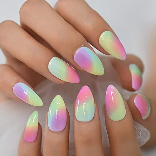 WarsoniodSona 24Pcs/Set Couleur Bloom Nail Art Glossy Gradient Rainbow Ombre French Press on Nails Amande Faux Ongles Stiletto Ovale Pointu Faux Ongles Doigts Coloré Cover