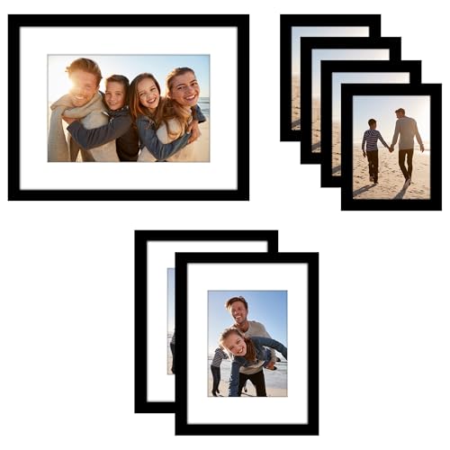 Americanflat Set of 7 Picture Frames with Shatter-Resistant Glass - Gallery Wall Frame Set with One 16x12, Two 9x12, and Four 6x8 Frames - Signature Collection - Black