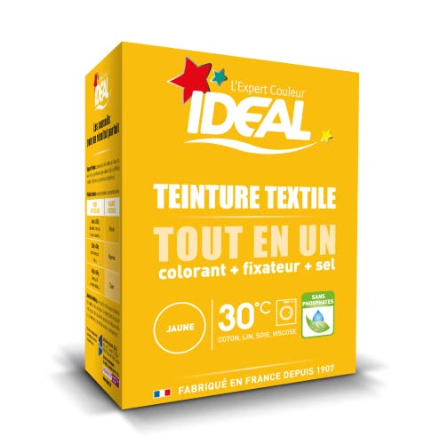IDEAL - Kit Teinture Tout en Un Mini Jaune - 230 g - Colorant + Fixateur + Sel Inclus - Teinture Textile Longue Tenue - Coton, Lin, Soie, Viscose - Efficace...