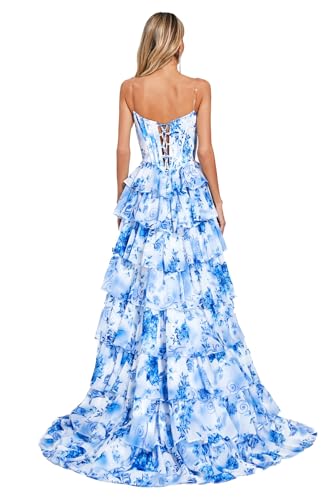 Datangep Blue and White Chiffon Floral Print Tiered Prom Dresses Slit Evening Dress Celebrity Pageant Gowns2