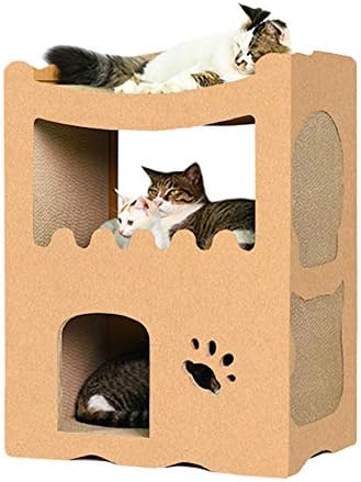 （21:00時点） 【RAKU】猫用爪とぎ キャットハウス キャットタワー ダンボールハウス 爪とぎ兼ベッド 猫箱 二階 組み立て式 高密度段ボール 収納簡単 ストレス解消 通気 (２部屋)