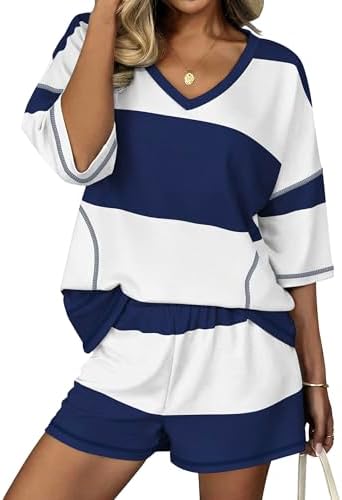 Ekouaer Two Piece Sets for Women Summer Lounge Sets 2026 Striped Shirts and Shorts Set Oversized Matching Outfit Navy White Combo M
