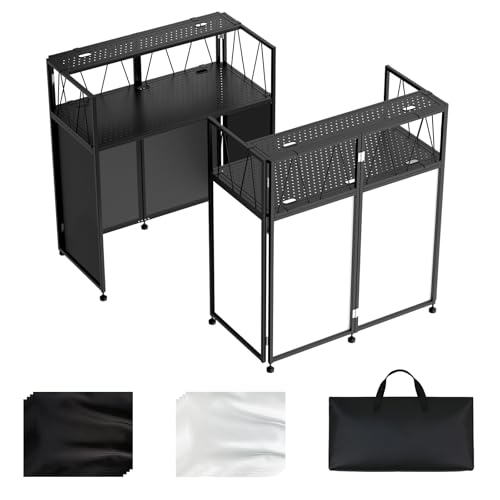 Portable DJ Table Stand, Tool-Free Setup Foldable 40" x 20" DJ Stand Booth w/ 2 Top Trays, Black & White Scrims, 4IN Adjustable Leveling Feet, 5 Cable Holes and Carry Bag, for Parties, Events, Studios