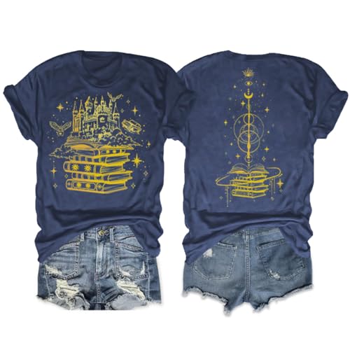 Magical Shirts for Women Book Magic Graphic T-Shirts Magic School Shirt Flourish and Blotts Shirts Wizard Costume Tops Blue
