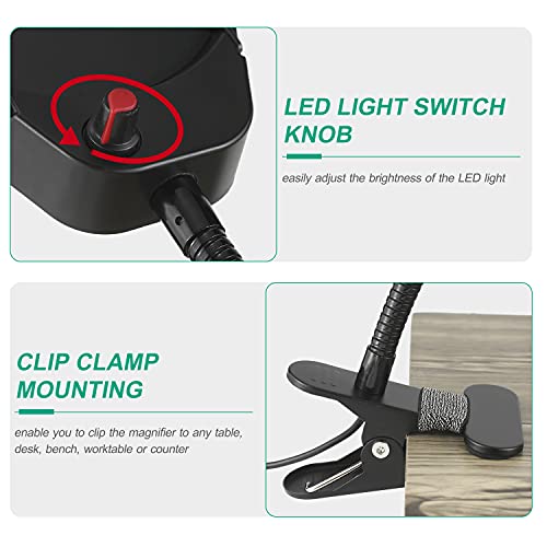 Daerzy Lâmpada de ampliação 5X com braçadeira Luz de mesa Brilho ajustável USB LED lâmpada de amplia