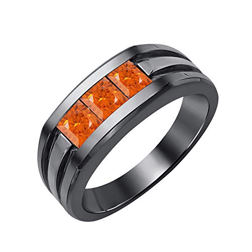 Princess Cut Three Stone Orange Sapphire 14K Black Gold Over .925 Sterling Silver Engagement Wedding Band Ring For Men's