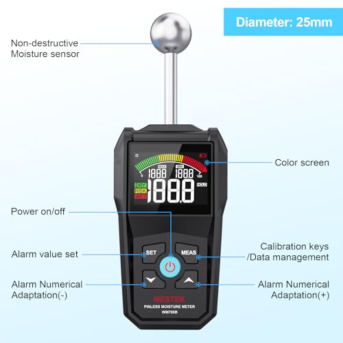 MESTEK Pinless Moisture Meter for Wood, Walls & Drywall, Digital Moisture Detector, Concrete Moisture Meter & Firewood Reader, Detects up to 40mm Below Surface with 3-Color LCD Display, Audible Alarm