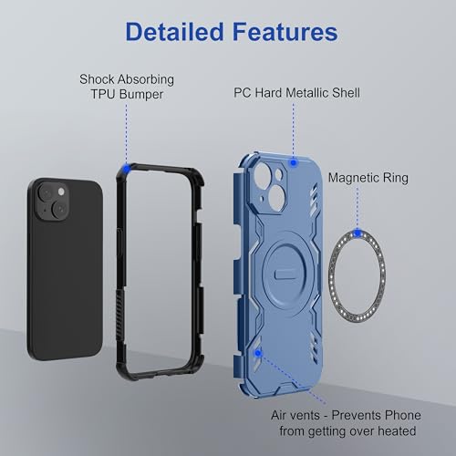 Image of amazon basics Back Case Cover for iPhone 15 | Magnetic Case with Built-in Metal Ring | Supports Mag-Safe Charger, Wallet & Car Mount | Shockproof Hybrid PC + TPU | Blue