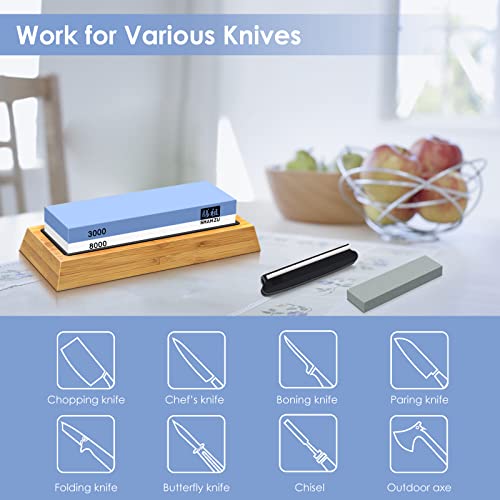 SHAN ZU Whetstone Knife Sharpening Stone Knife Sharpeners with Angle Guide Flattening Stone Non-Slip Bamboo Base 2 Side Grit 3000/8000 Waterstone