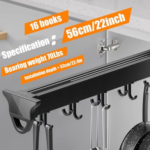 Image of DBR Kitchen Pan Pull Out Cabinet Organizer, Double Row Hanging Rack, Storage with 12+ Hooks, Black