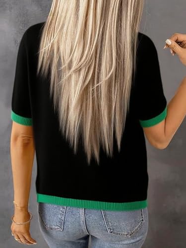 Image of Womens Short Sleeve Solid Color Block Crew Neck Sweater Shirt Lightweight Cotton Casual Summer Pullover Tops,Medium Black