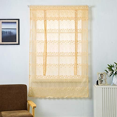 JAIJY Floral French Country Chic Sheer Voile Kitchen Curtain Tie up Adjustable Balloon Window Treatmet Roman Shades with Vanlance Design Cafe Drapes , 31" x 55", Lemon Yellow
