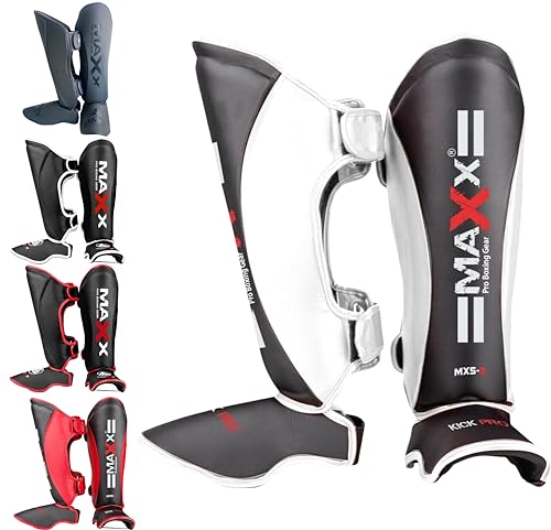 Maxx Gel tech Kids junior shin pads instep training mma kick boxing protector (Junior - XS, Black/White)