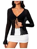 Milumia Women's Y2K Textured Lettuce Trim Tie Front Cardigan Long Sleeve Sheer Shrug Top Cover Ups Black Large