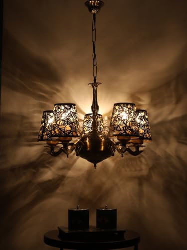 Image of Devansh 05 Lights Metal Etched Shade with Antique Golden Chandelier -ZB
