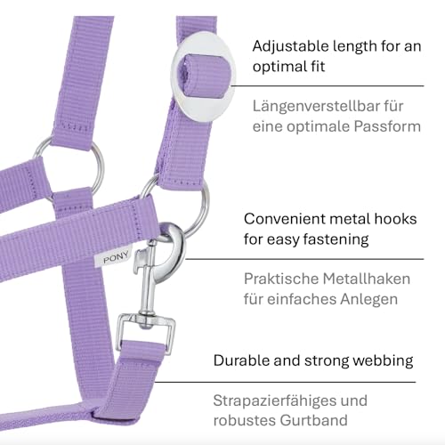 Halfter Führstrick Set mit Karabinerhaken verstellbar Pferdehalfter Pferd Holzpferd Anbindestrick (Karabinerhaken Lavender, Mini Shetty)