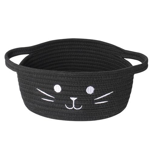 WILLITAT Small Cat Toy Basket, 10”x10”x4” Black Cotton Rope Storage Bin with Handles, Woven Cat Organizer Box for Indoor Pets, Cute Kitty Easter Basket Gifts Empty, Cat-Shaped Boo Halloween Bin