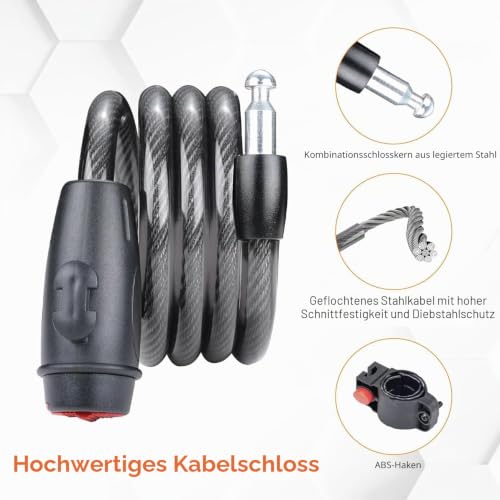 GRIFEMA Fahrradschloss mit 2 Schlüssel 120cm/12mm, Fahrradschloss Kinder, Hohe Sicherheit, Anti-Diebstahl Fahrrad Kabelschloss mit Halterung, Fahrradzubehör, Schwarz