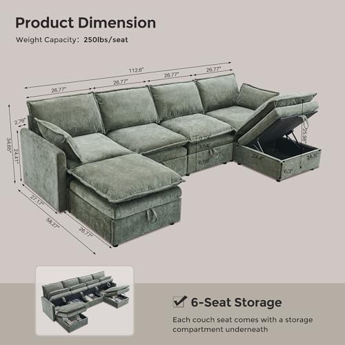 Image of 112.6 inch Modular Sectional Cloud Couch, Sectional Couches for Living Room with Large Storage, U-Shape Sectional Sofa with Ottoman, 6 Seater Chenille Sofa with Pillow for Apartment, Bedroom, Green