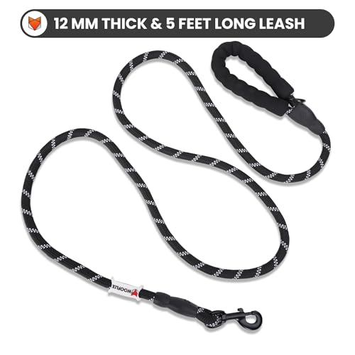 Wooflix Heavy Duty Nylon Dog Leash | Anti Slip Padded Handle Long Dog Leash | Highly Reflective Leash for Dogs | Dog Rope for Medium & Large Dogs | Dog Training Leash | (Black, 5 Feet Long)