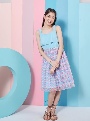 Image of Pspeaches Girl's Geometric Printed Georgette Fit & Flare Blue Dress Trendy Style