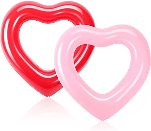 2 Pieces Heart Pool Float, 47.3 x 39.4 Inch Inflatable Swim Rings Bachelorette Party Pool Float Tube, Heart Shaped Summer Swimming Ring, Water Fun Beach Party for Adults (Pink, Red)