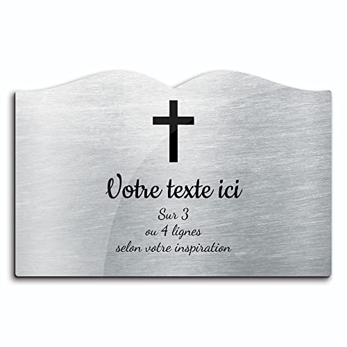 Plaque gravée funéraire motif Croix Chrétienne autocollante modèle livre (20x13 cm) personnalisée 1 à 3 lignes Alu Brossé