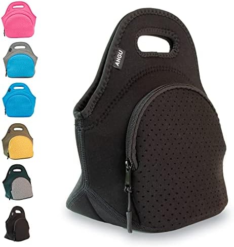 ANGU Neoprene Lunch Bag with Pocket - Keep Your Lunch Nice and Chilled - Washable Lunch Bags Made of Durable 5mm Neoprene - Quality YKK Zippers will Never Break - Soft Cotton Feel (Black)