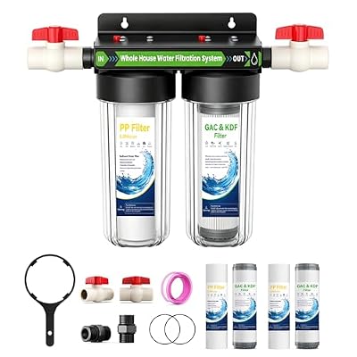 2 Stage Whole House Water Filter System, Extra 2 Sets Filter, Home Water Filter System, Highly Reduces Heavy Metal, Chlorine Oder, Taste, Rust, Clear Housing, 10"x2.5",3/4" Ports with 2 Valves