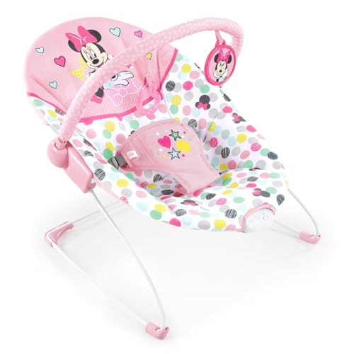 Bright Starts, Disney Baby, Minnie Mouse Spotty Dotty, Babywippe Babyschaukel mit Vibrationen, maschinenwaschbarem Sitzpolster, rutschfesten Füßen, 2 Hängespielzeugen, 0-6 monate