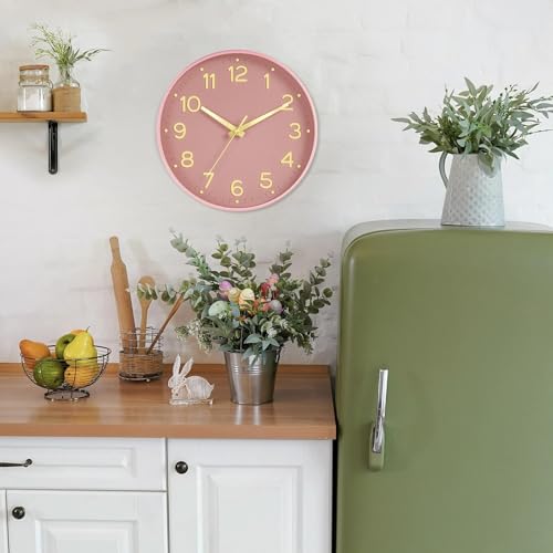 Image of Roymnie Wall Clock 12 Inch Silent Wall Clocks Battery Operated-Modern Non Ticking Analog Clock Decorative for Kitchen Bedroom Office (Pink Gold)