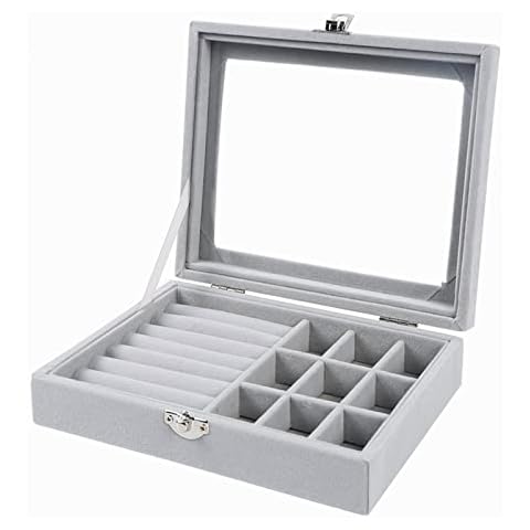 Yunpo Jewellery Box Organiser Glass Jewellery Ring Display Organiser Case with 9 Grids for Earrings Necklace Rings Storage Holder,Grey, 20.2x15.2x4.8cm Cover