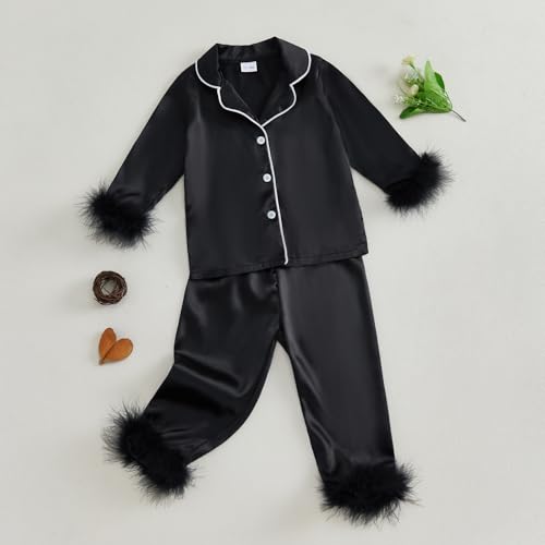 Toddler Baby Girl Satin Pajamas Set Fuzzy Trim Button Down Sleep Shirt Top Pants Bottoms Sleepwear Loungewear Set2