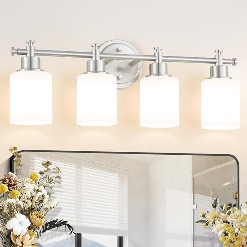 Image of 4-Light Bathroom Vanity Light, 23 In Brushed Nickel Vanity Light Fixture | Modern Anti-Rust Wall Sconce over Mirror with White Frosted Glass Shades, Bathroom, Hallway, 23 Inch, E26(Bulbs Not Included)