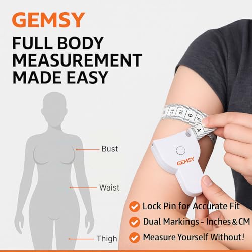 Image of Gemsy Retractable Body Measuring Tape 150 cm (60 inch) with Lock Pin & Push Button - Fiberglass Inch Tape for Body Fat Tracking, Weight Loss, Fitness, Tailoring & Sewing