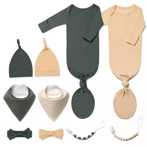 Image of 2PK Ultra Soft Knotted Newborn Sleep Gown for Baby Girls Boy- Coming Home Hospital Outfit with Hat, Bow, Clip & Drool Bib Set