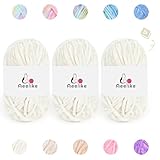 Soft Chenille Yarn w How to See Stitchs Tutorial Video, 3 Pack Velvet Yarn (White) Polyester 100g/10.5oz 197yds 4 Medium (Worsted) Easy Crochet Yarns for Beginners, Ideal for Plush Toys