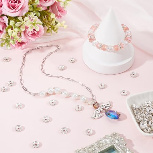 SOFPLATE 1 Box 300Pcs Brass Rhinestone Spacer Beads 10mm Crystal Bead Spacers Bulk Silver Clear Loose Charms Czech Diamond Round Metal Rondelle Spacer Beads for jewellery Making Bracelets Earrings - Image 4